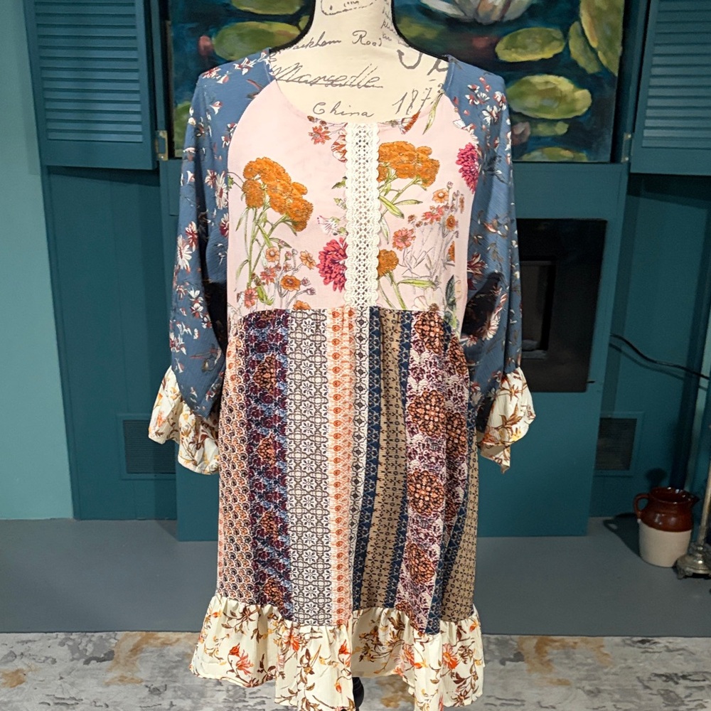 Umgee Floral Patchwork Long Sleeve Dress
